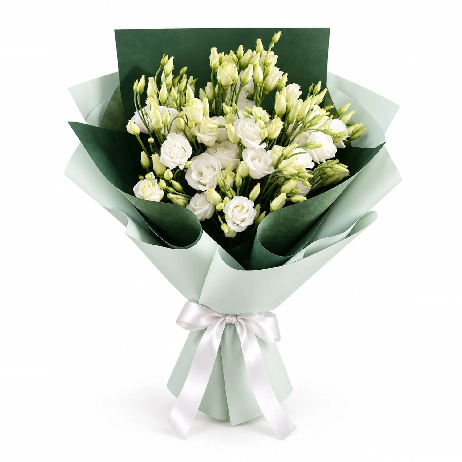 Larissa Beyaz Lisianthus Yeşil Ambalaj Buketi
