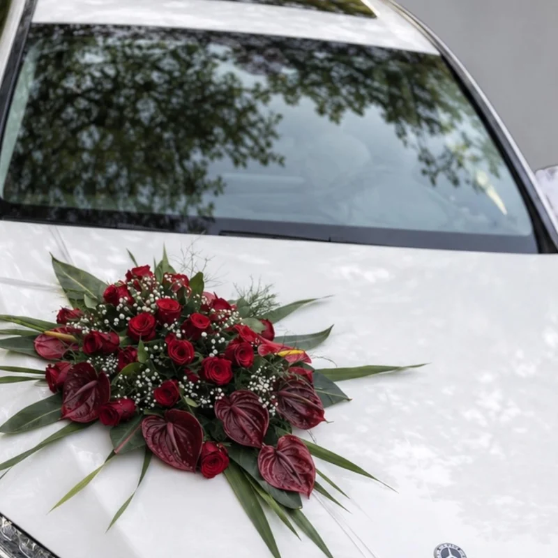 Bordo Antoryum & Kırmızı Gül Tropikal Gelin  Araba Süslemesi