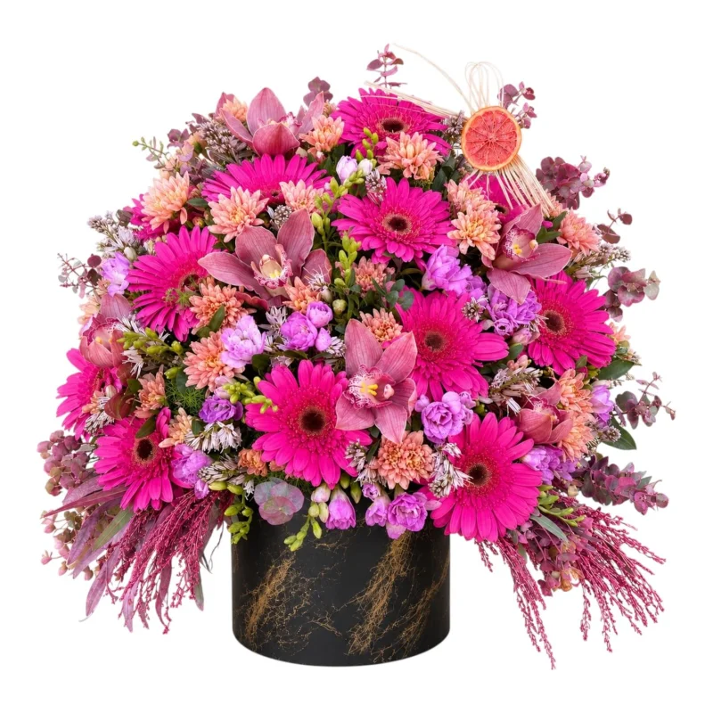 Fuşya Gerbera ve Orkideli Görkemli Kutu Aranjmanı